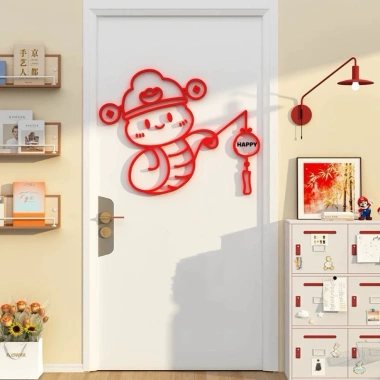 Tranh dán tường mica Năm Tỵ Rắn Happy Lucky - Trang trí Tết, năm mới, phòng khách, hoa mai đào 7