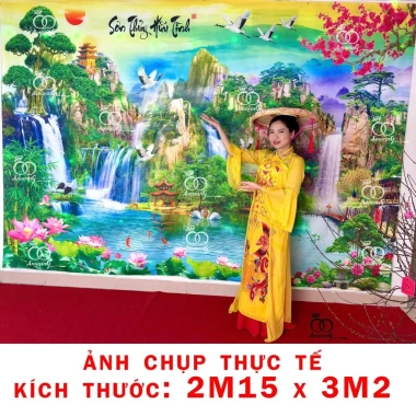 Tranh phong cảnh sơn thủy 6m - Cảnh núi non thơ mộng, phông nền lớn, giảm giá 228.000₫