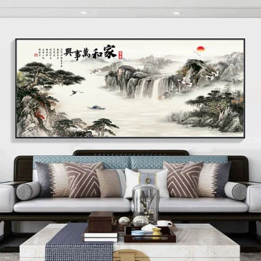 Tranh Treo Tường Thủy Mặc Sơn Hữu Tình Thác Nước Núi Non Phong Thủy Tụ Tài Phòng Khách Cao Cấp 3