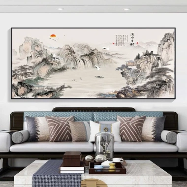 Tranh Treo Tường Thủy Mặc Sơn Hữu Tình Thác Nước Núi Non Phong Thủy Tụ Tài Phòng Khách Cao Cấp 4