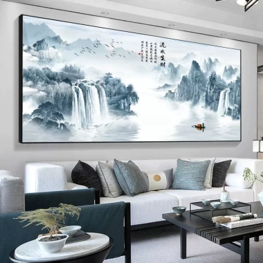 Tranh Treo Tường Thủy Mặc Sơn Hữu Tình Thác Nước Núi Non Phong Thủy Tụ Tài Phòng Khách Cao Cấp 6