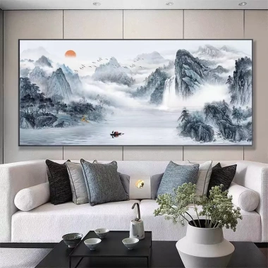 Tranh Treo Tường Thủy Mặc Sơn Hữu Tình Thác Nước Núi Non Phong Thủy Tụ Tài Phòng Khách Cao Cấp 8