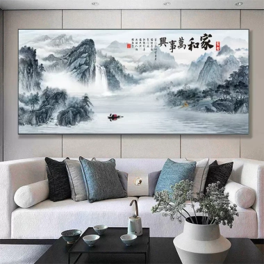 Tranh Treo Tường Thủy Mặc Sơn Hữu Tình Thác Nước Núi Non Phong Thủy Tụ Tài Phòng Khách Cao Cấp 9
