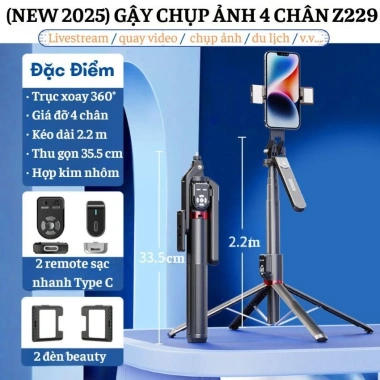 Tripod điện thoại 4 chân hợp kim nhôm cao cấp - Giá đỡ livestream, quay video, chụp ảnh du lịch, giảm giá 204.000