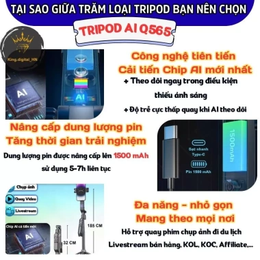 Tripod điện thoại 4 chân xoay 360 độ tự động Q565 Gậy AI theo vật thể 185cm 125.000₫