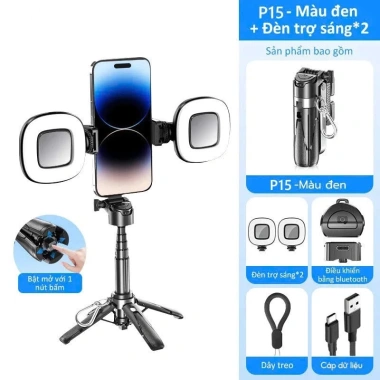 Tripod điện thoại P15Mini 4 chân cao cấp, xoay 360, điều khiển từ xa, đèn trợ sáng - giảm giá 179.000₫