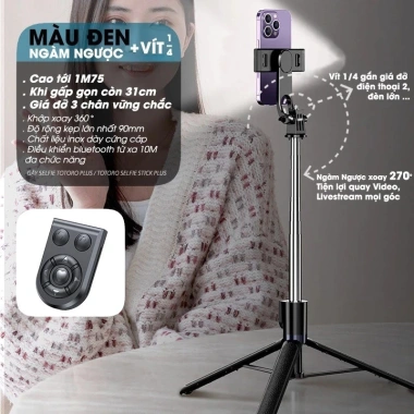 Tripod điện thoại TSS PLUS 1.75m 3 chân - Gậy selfie, quay video, giảm giá - 129k