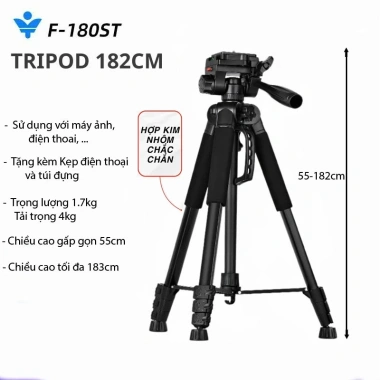 Tripod F-180ST Điện Thoại & Chân Máy Ảnh 360 Quay Chắc Chắn 55-180cm - 265k
