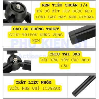 Tripod gấp gọn hợp kim nhôm ốc 1/4 - chịu tải 3kg, cho máy ảnh gimbal, chỉ 129k