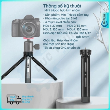 Tripod mini kim loại gấp gọn, đầu chuyển 1/4 inch, tải 5kg - phù hợp webcam, camera, DSLR, máy chiếu