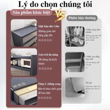 Tủ bếp 3 tầng đa chức năng 2 trong 1, lưu trữ + bàn làm việc, thép carbon dày, kín 6 mặt - Giá 1.19 triệu
