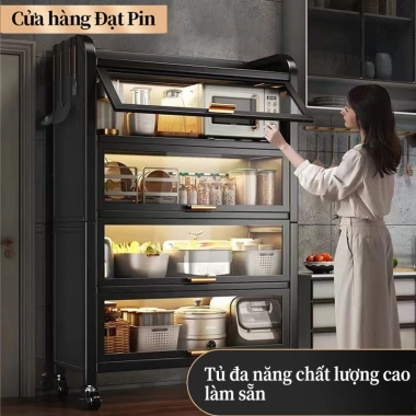 Tủ bếp đa năng đen chống bụi thép cacbon, bánh xe, kệ 1‑4 tầng, chỉ 1.099.000₫