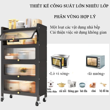 Tủ bếp đa năng đen chống bụi thép cacbon, bánh xe, kệ 1‑4 tầng, chỉ 1.099.000₫
