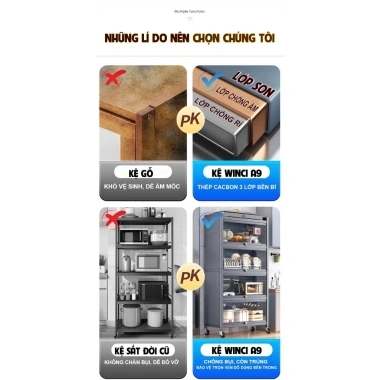 Tủ bếp đa năng đen chống bụi thép cacbon, bánh xe, kệ 1‑4 tầng, chỉ 1.099.000₫
