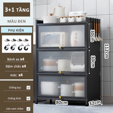 Tủ bếp đa năng đen chống bụi thép cacbon, bánh xe, kệ 1‑4 tầng, chỉ 1.099.000₫