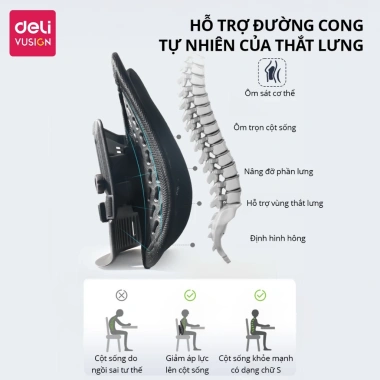 Tựa lưng ghế công thái học Deli - chống còng mỏi lưng, thoáng khí ABS cho mọi ghế, phù hợp dân văn phòng 3