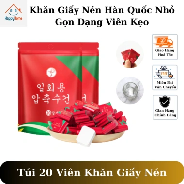 Túi 20 khăn giấy nén Hàn Quốc, khăn mặt nén hình viên kẹo gọn nhẹ tiện du lịch