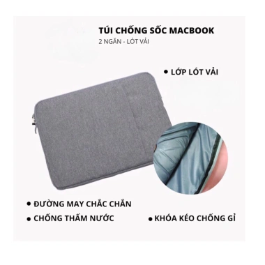 Túi chống sốc đựng laptop MacBook 2 ngăn quai màu xám, chống nước 13‑15.6 inch, nam nữ - Giá 43.000