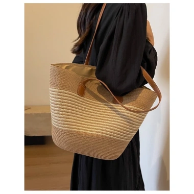 Túi cói đi biển kẻ sọc size to đeo vai, khóa kéo tiện lợi, giảm giá 106.000₫