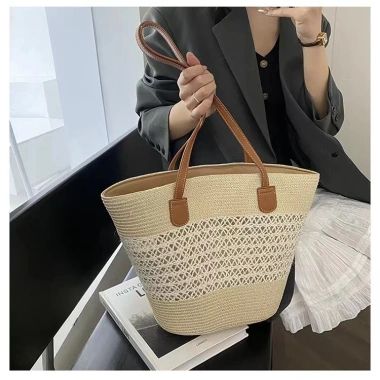 Túi cói đi biển kẻ sọc size to đeo vai, khóa kéo tiện lợi, giảm giá 106.000₫