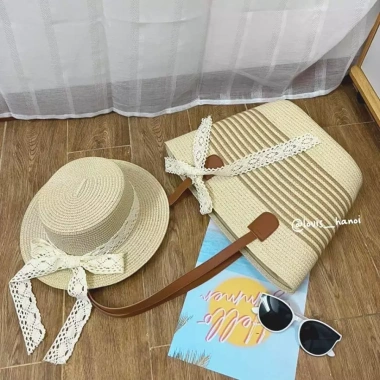 Túi Cói & Mũ Cói Đi Biển Phối Đai Da Hàn Quốc - Nón Cói Che Nắng Du Lịch 45.000₫ 7