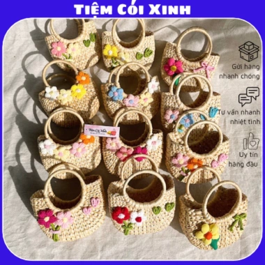 Túi Cói Nhỏ Mini 15cm Đính Hoa và Nơ Siêu Dễ Thương - Tiệm Cói Xinh Giá 65k