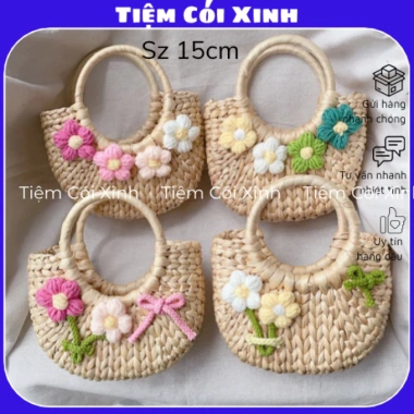 Túi Cói Nhỏ Mini 15cm Đính Hoa và Nơ Siêu Dễ Thương - Tiệm Cói Xinh Giá 65k