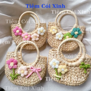 Túi Cói Nhỏ Mini 15cm Đính Hoa và Nơ Siêu Dễ Thương - Tiệm Cói Xinh Giá 65k