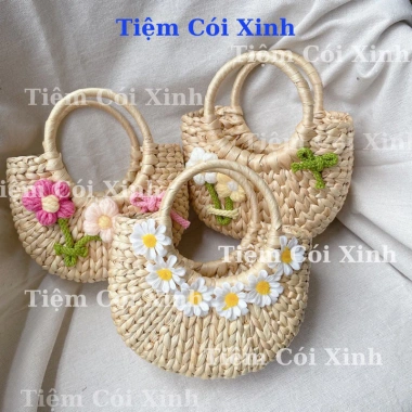 Túi Cói Nhỏ Mini 15cm Đính Hoa và Nơ Siêu Dễ Thương - Tiệm Cói Xinh Giá 65k