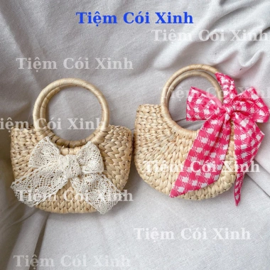 Túi Cói Nhỏ Mini 15cm Đính Hoa và Nơ Siêu Dễ Thương - Tiệm Cói Xinh Giá 65k