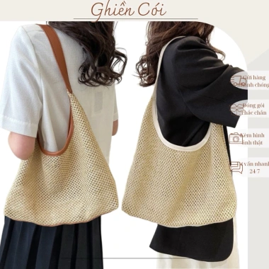 Túi Cói Tote Mỏng Đi Biển Quai Da Nữ – Phong Cách Đơn Giản, Giá ưu đãi 64.999đ 2