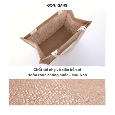 Túi Cói Vintage Du Lịch Chống Nước, Quai Nâu Mềm, Cúc Gỗ, Form Cứng, Đựng Quần Áo Gọn Gàng