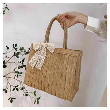 Túi cói vuông bện mix nơ ren vintage KT 22x26cm - Giảm 21% chỉ 126.000₫