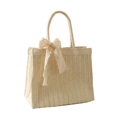 Túi cói vuông bện mix nơ ren vintage KT 22x26cm - Giảm 21% chỉ 126.000₫