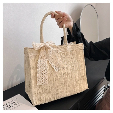 Túi cói vuông bện mix nơ ren vintage KT 22x26cm - Giảm 21% chỉ 126.000₫