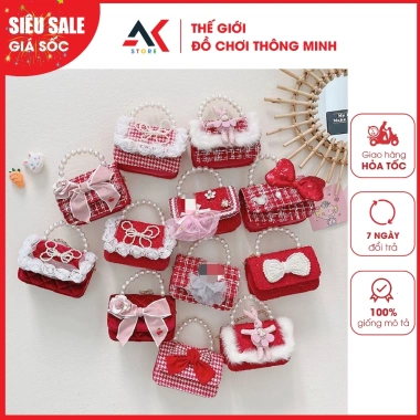 Túi Dạ Đỏ Sang Chảnh Quai Ngọc Đeo Chéo Nhiều Họa Tiết Cho Bé Gái - Giá 95.000đ