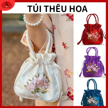 Túi dây rút thêu hoa vải lụa sang trọng cầm tay kiểu hanfu Trung Hoa 60.000