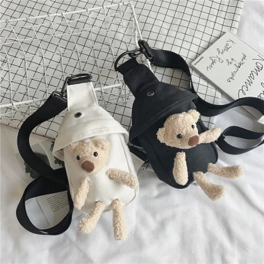 Túi Đeo Chéo Ngực Canvas Gấu Hoạt Hình Dễ Thương, Khóa Kéo Hàn Quốc trẻ em du lịch 2