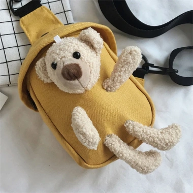 Túi Đeo Chéo Ngực Canvas Gấu Hoạt Hình Dễ Thương, Khóa Kéo Hàn Quốc trẻ em du lịch 3
