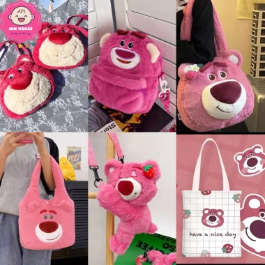 Túi đeo vai, ba lô, bình nước gấu dâu Lotso lông mịn xinh xắn cho bé gái 169k