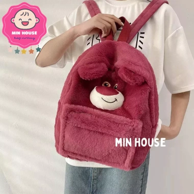 Túi đeo vai, ba lô, bình nước gấu dâu Lotso lông mịn xinh xắn cho bé gái 169k