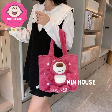 Túi đeo vai, ba lô, bình nước gấu dâu Lotso lông mịn xinh xắn cho bé gái 169k