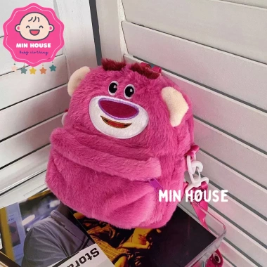 Túi đeo vai, ba lô, bình nước gấu dâu Lotso lông mịn xinh xắn cho bé gái 169k