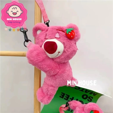 Túi đeo vai, ba lô, bình nước gấu dâu Lotso lông mịn xinh xắn cho bé gái 169k