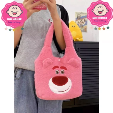 Túi đeo vai, ba lô, bình nước gấu dâu Lotso lông mịn xinh xắn cho bé gái 169k
