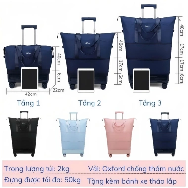 Túi du lịch 3 tầng gấp gọn, bánh xe kéo, valí vải chống thấm, cỡ lớn - chỉ 600k