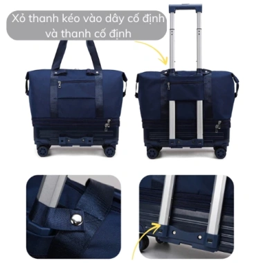 Túi du lịch gấp gọn 3 tầng có cần kéo, vali vải dày cao cấp, bánh xe chống thấm nước - Giá chỉ 600.000₫