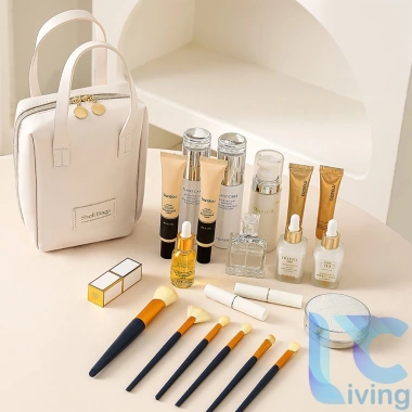 Túi Đựng Mỹ Phẩm Living C Da PU Chống Nước, Dung Tích Lớn, Màu Trơn, Khóa Kéo