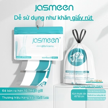 Túi Đựng Rác Dây Rút JASMEEN Quai 45cm - Cuộn Treo Tiện Lợi, Hương Nhài Tươi Mát, Dày Bền