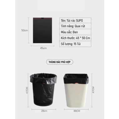 Túi đựng rác quai rút 45x50 cm siêu dai tự phân hủy 75 túi/cuộn Đen giảm giá 38.000₫